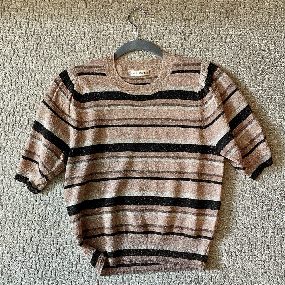 Sparkle Short Sleeve Blouse Top, ULLA JOHNSON, Beige Pink Brown, XS/S, Like New